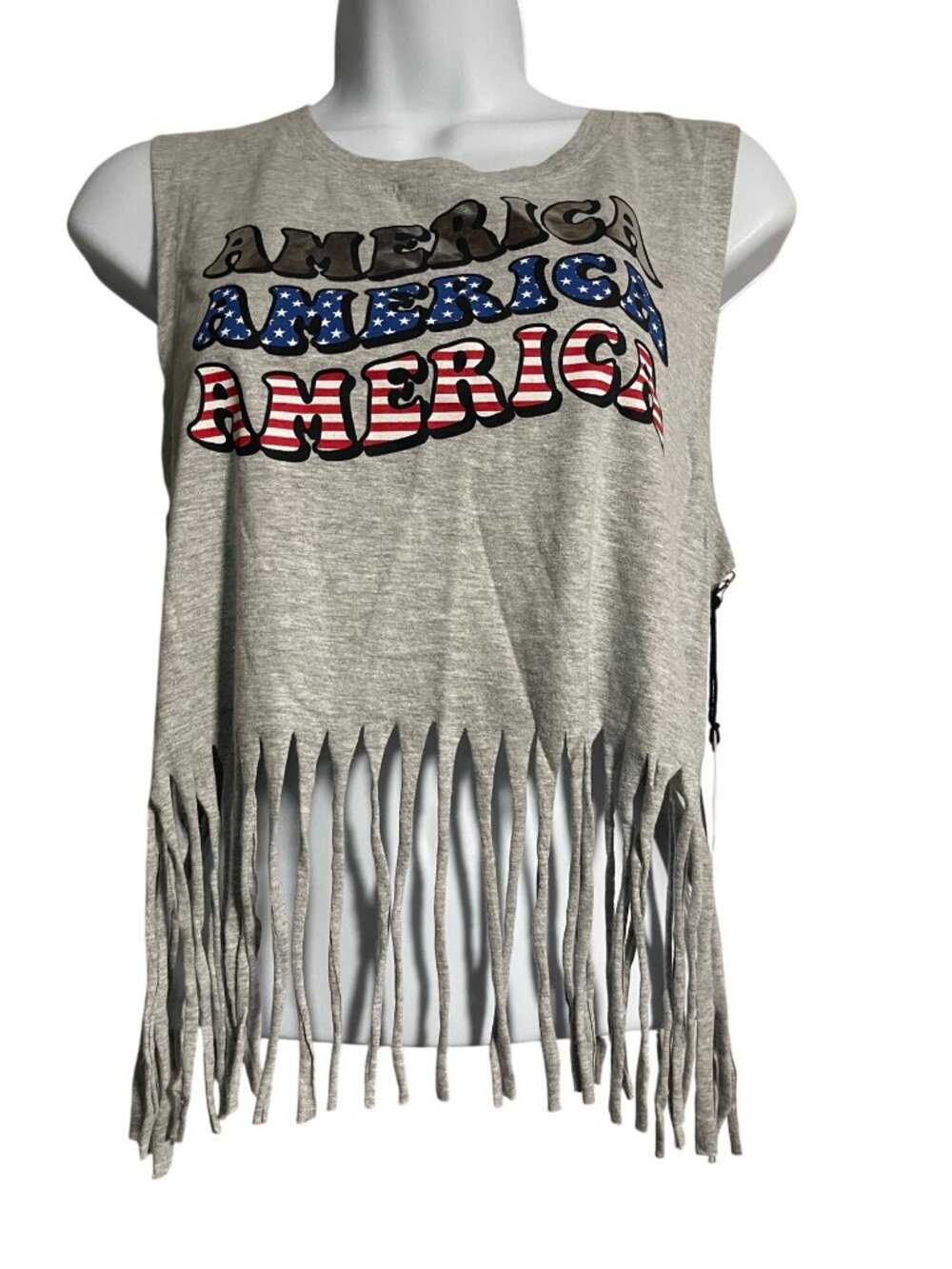 Love Peace & Lazy Days American Flag Gray Fringe Crop Top Womens Large
